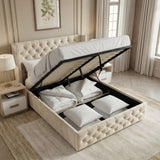 [King | Beige] Cross ottoman bed opened at the foot, hydraulic piston holding the slatted platform up