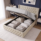 [King | Beige] Cross ottoman bed opened at the foot, hydraulic piston holding the slatted platform up