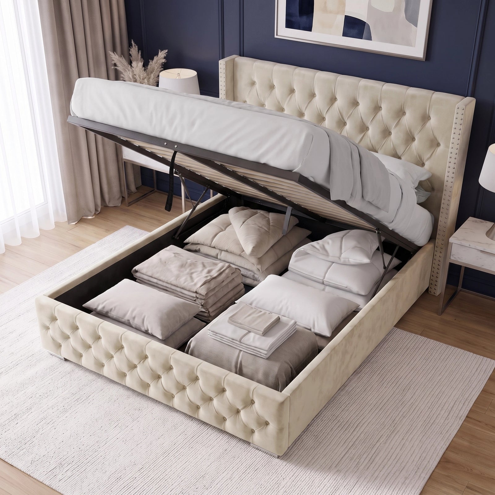 [King | Beige] Cross ottoman bed opened at the foot, hydraulic piston holding the slatted platform up