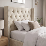 [Single | Beige] Detail shot of Cross ottoman bed headboard showing buttoned diamonds and nailhead studs