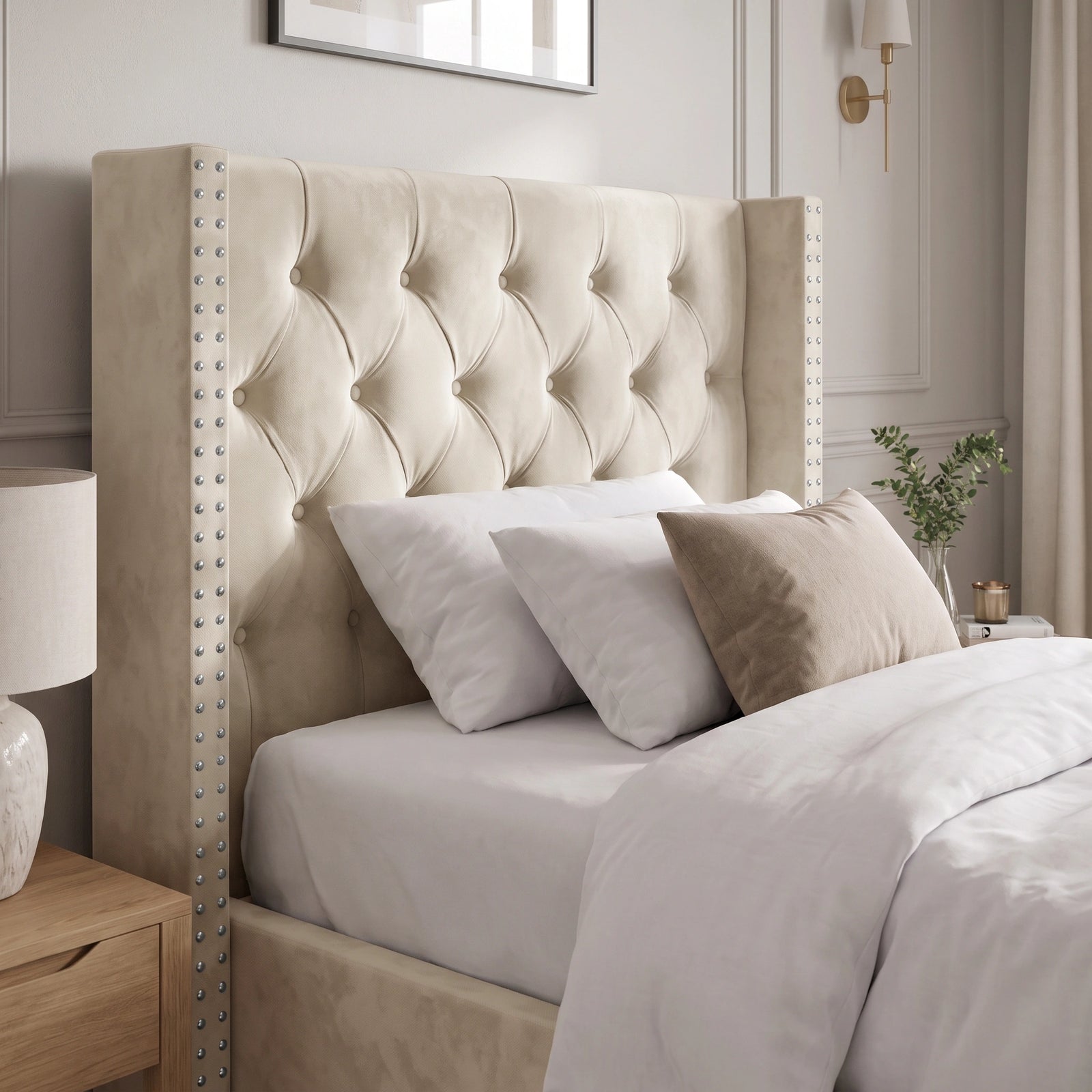 [Single | Beige] Detail shot of Cross ottoman bed headboard showing buttoned diamonds and nailhead studs