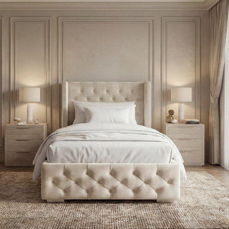 [Single | Beige] Cross ottoman bed single shown head-on between two bedside drawers with glowing table lamps