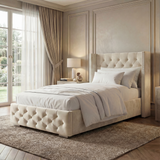 [Single | Beige] Cross ottoman bed side angle with winged tufted headboard and diamond-buttoned base in panelled bedroom