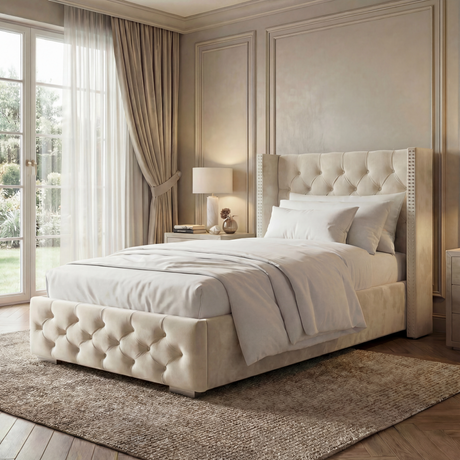 [Single | Beige] Cross ottoman bed side angle with winged tufted headboard and diamond-buttoned base in panelled bedroom