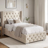 [Single | Beige] Cross ottoman bed side angle with winged tufted headboard and diamond-buttoned base in panelled bedroom