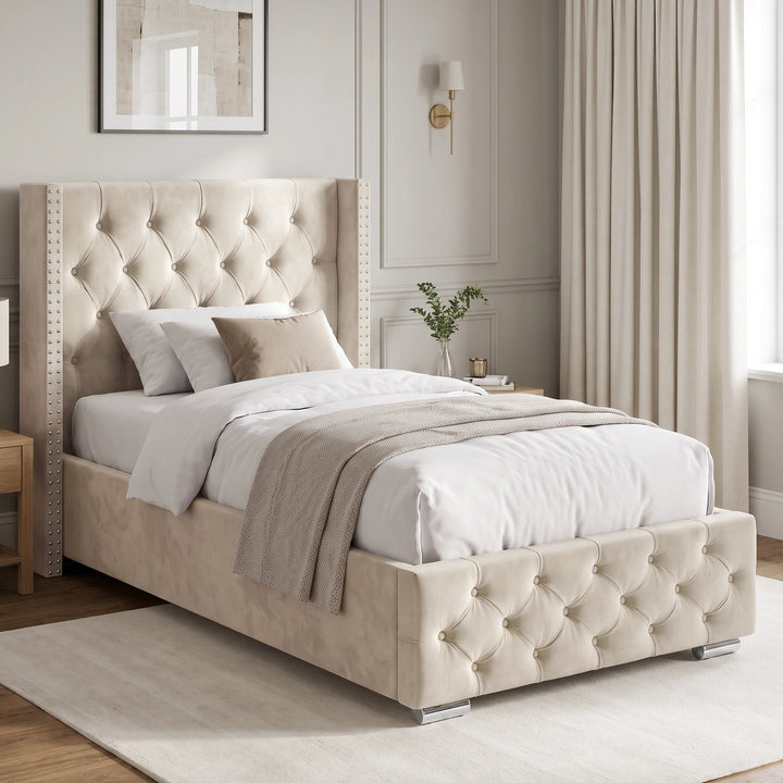 [Single | Beige] Cross ottoman bed side angle with winged tufted headboard and diamond-buttoned base in panelled bedroom