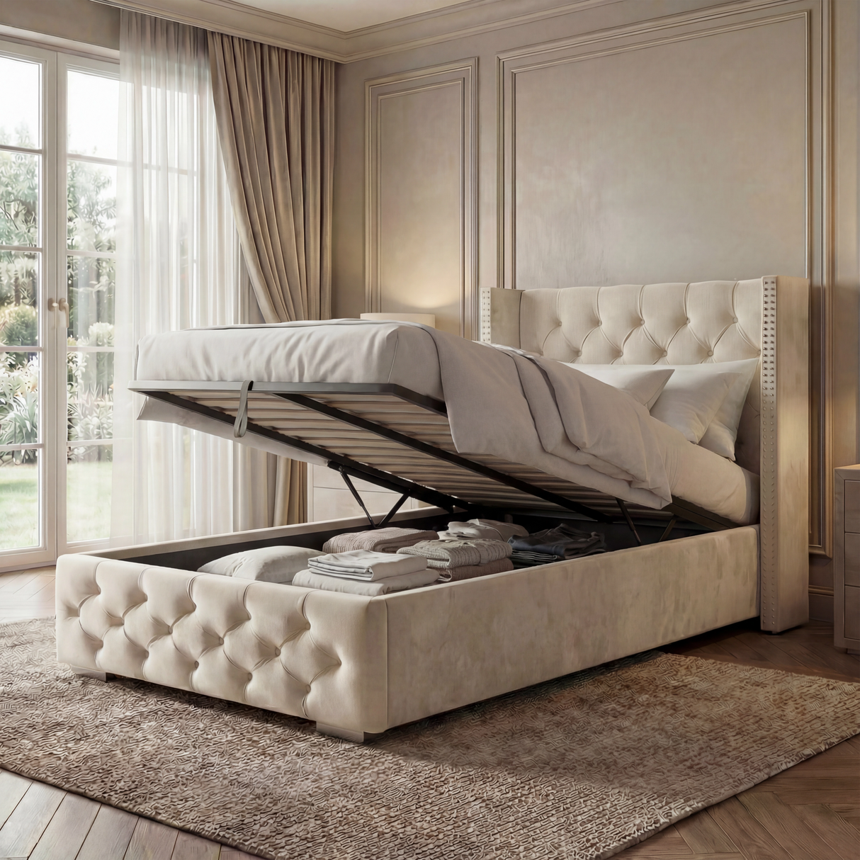 [Single | Beige] Cross ottoman bed with gas-lift base raised revealing deep underbed storage filled with duvets and pillows