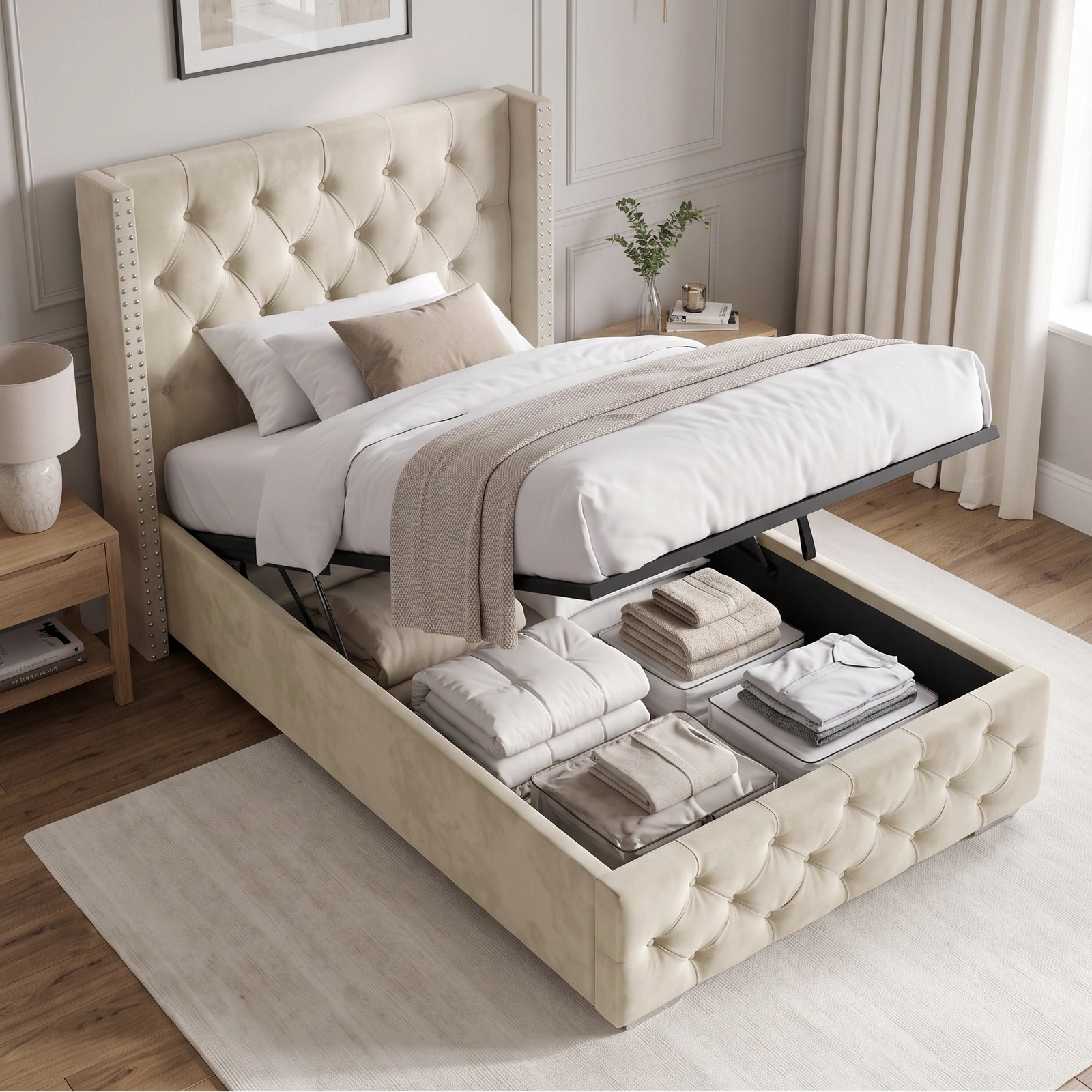[Single | Beige] Cross ottoman bed with gas-lift base raised revealing deep underbed storage filled with duvets and pillows