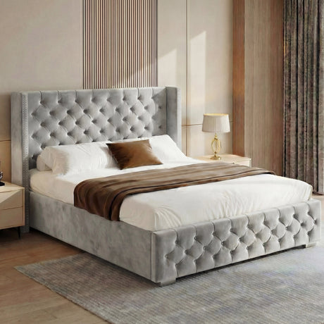 [Double | Light Grey] Side angle of upholstered storage bed showing tall headboard with nailhead trim and tufted footboard