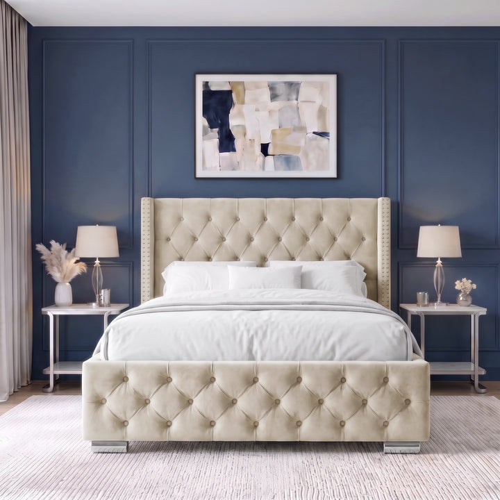 [Double | Beige] Front view of Cross ottoman bed with diamond tufted headboard and footboard centred between nightstands