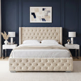 [King | Beige] modern upholstered bed frame with a high tufted headboard and matching footboard in a beige velvet, styled in a symmetrical bedroom with white bedding, matching nightstands, and lamps.