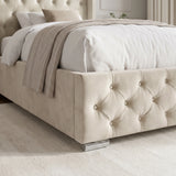 [Single | Beige] Detail shot of Cross ottoman bed footboard showing buttoned diamonds and metal legs