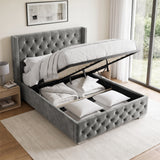 [Double | Grey] Cross ottoman bed open, gas-lift base raised on grey frame exposing slatted platform and storage capacity