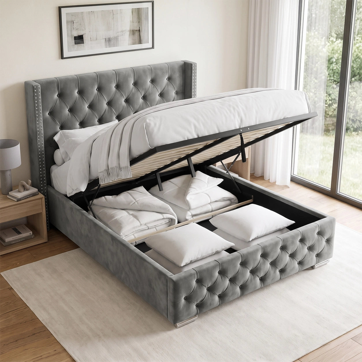 [Double | Grey] Cross ottoman bed open, gas-lift base raised on grey frame exposing slatted platform and storage capacity