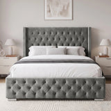 [King | Grey] Cross ottoman bed king front elevation, symmetrical criss-cross buttoned panels