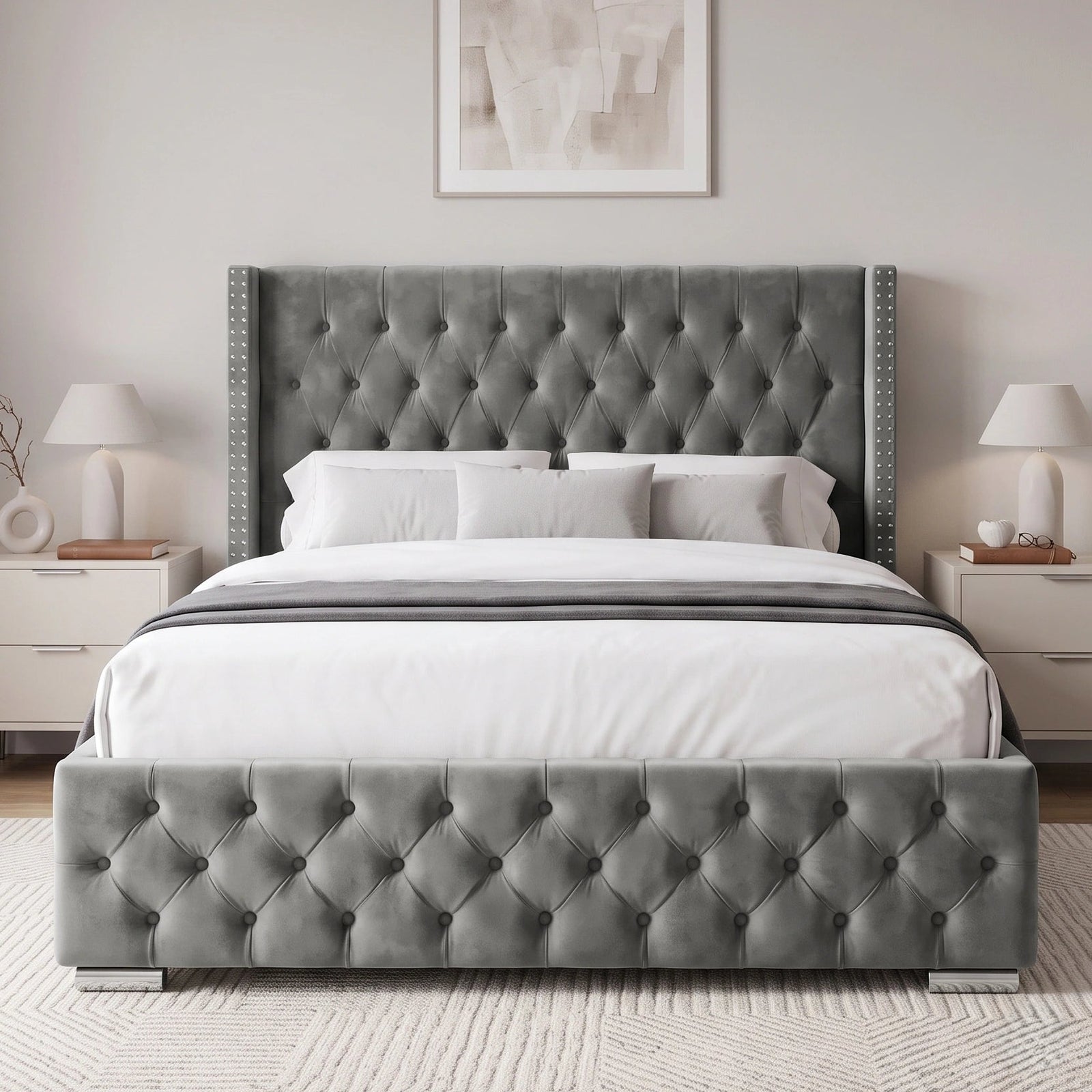 [King | Grey] Cross ottoman bed king front elevation, symmetrical criss-cross buttoned panels