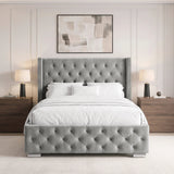 [Double | Light Grey] Cross ottoman bed front view, winged tufted headboard between two bedside tables