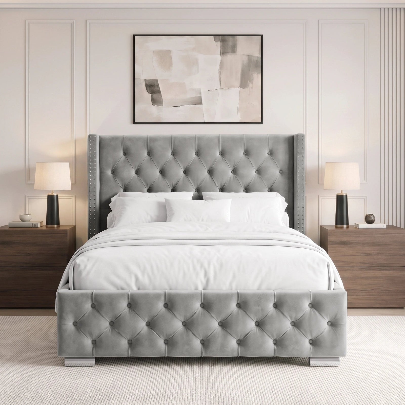 [Double | Light Grey] Cross ottoman bed front view, winged tufted headboard between two bedside tables