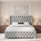 [King | Light Grey] tufted velvet bed frame with a matching headboard and footboard, styled in a modern bedroom with white linens, bedside tables, lamps, and a patterned rug.