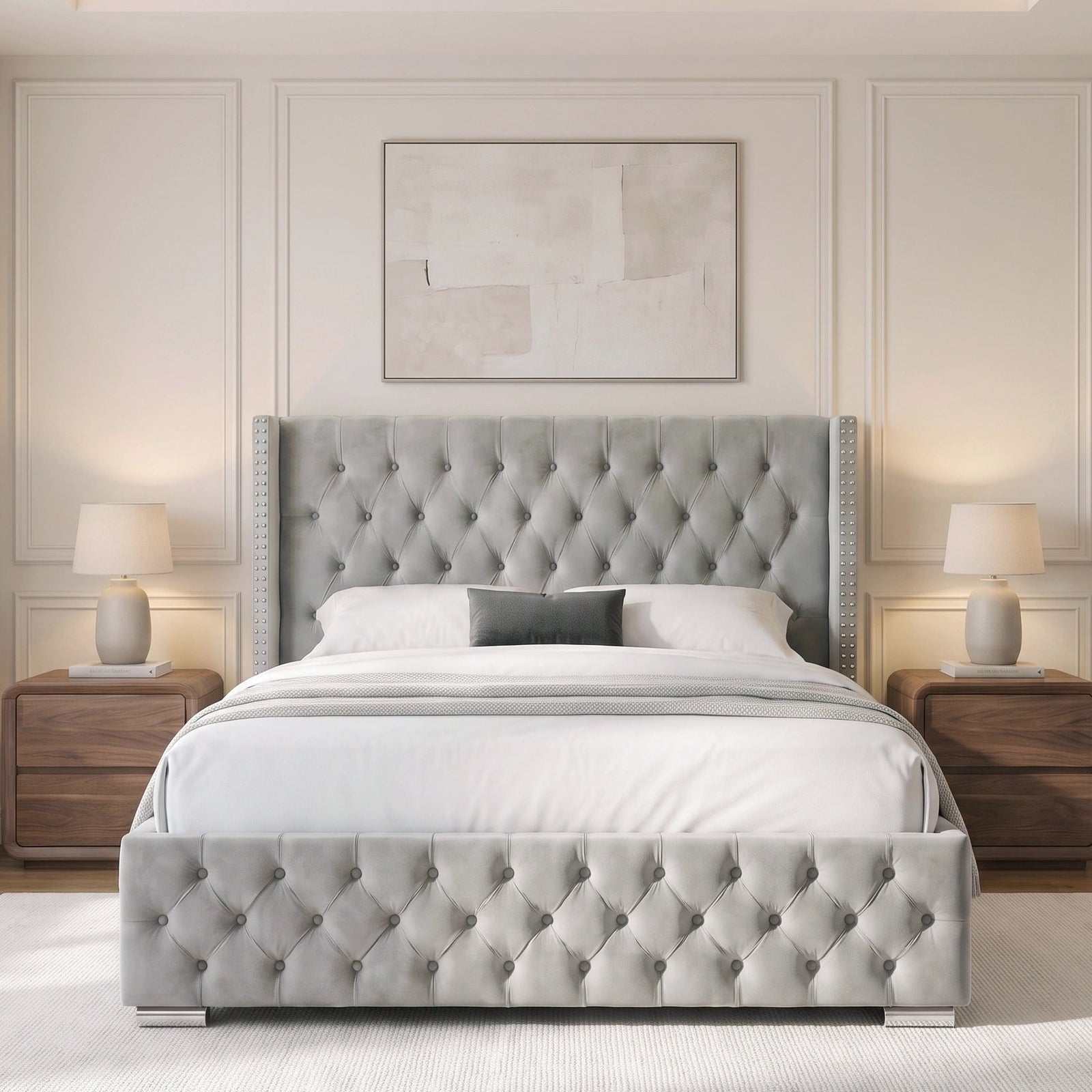 [King | Light Grey] tufted velvet bed frame with a matching headboard and footboard, styled in a modern bedroom with white linens, bedside tables, lamps, and a patterned rug.