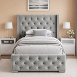 [Single | Light Grey] Symmetrical front shot of Cross ottoman bed single flanked by taupe nightstands and lamps	