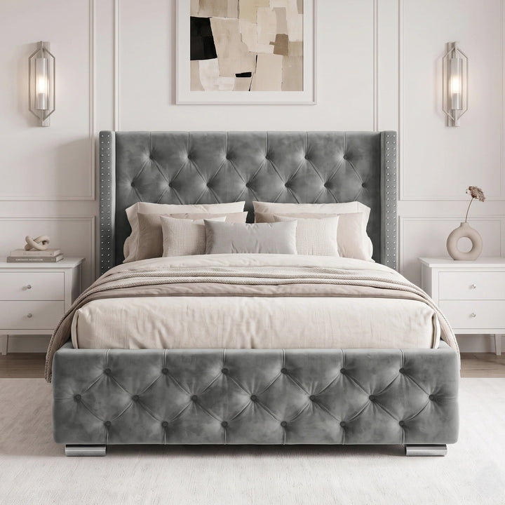 [Small Double | Grey] Front view Cross ottoman bed, symmetrical wings, tufted headboard and matching foot panel