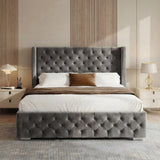 [Double | Grey] Cross ottoman bed front view, grey velvet winged headboard and tufted footboard centred with bedding dressed