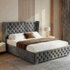 [Double | Grey] Cross ottoman bed in grey velvet, winged headboard and tufted footboard on 207cm frame dressed with bedding