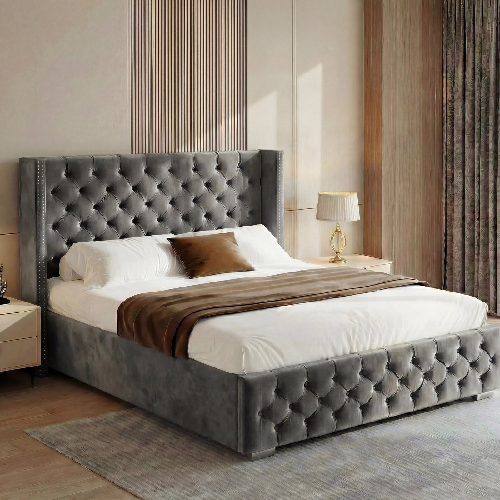 [Double | Grey] Cross ottoman bed in grey velvet, winged headboard and tufted footboard on 207cm frame dressed with bedding