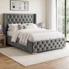 [Double | Grey] cross tufted velvet bed frame with silver nailhead trim and silver metal legs, styled in a bright bedroom with white bedding, a light rug, and wooden flooring.