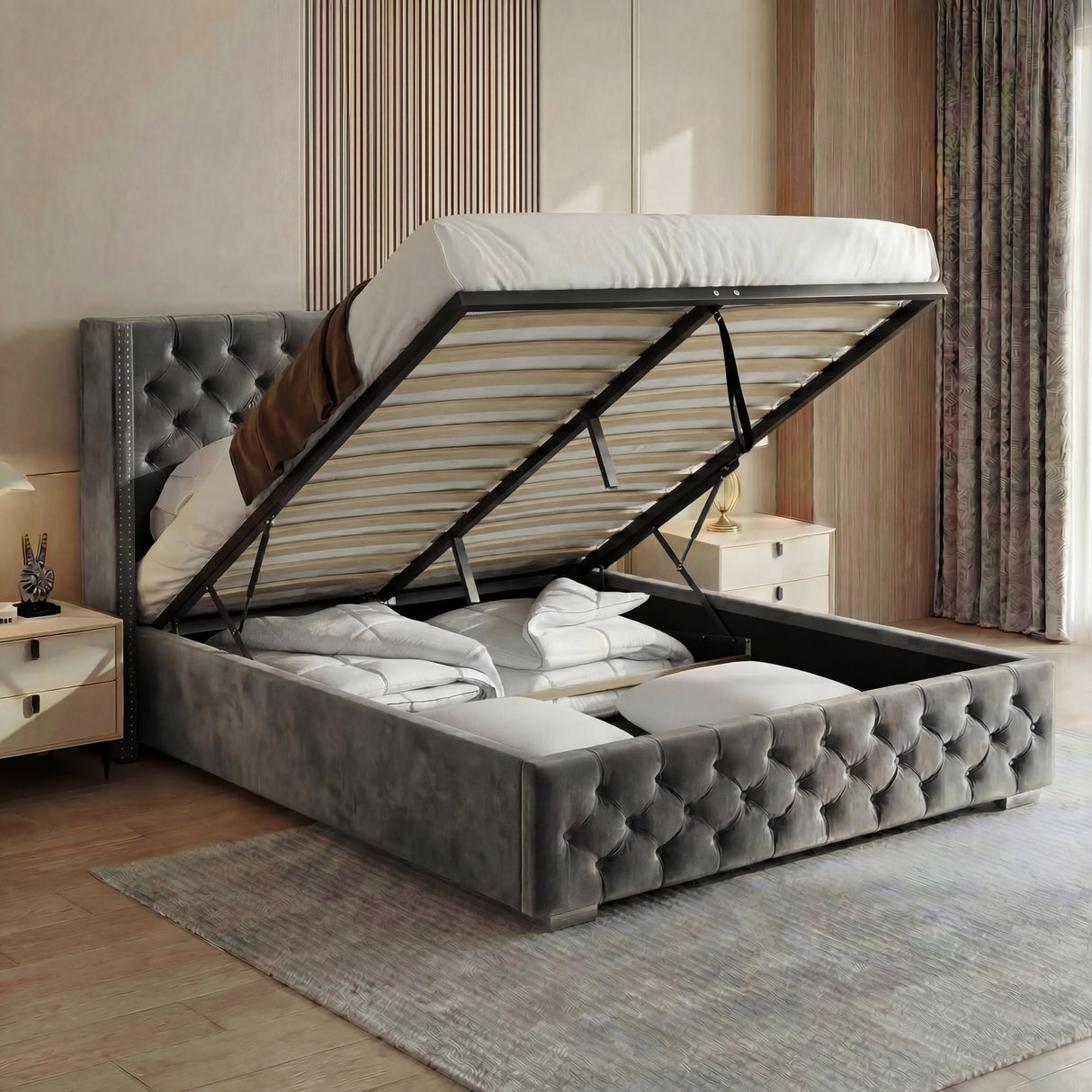 [Double | Grey] Cross ottoman bed open, gas-lift base raised on grey frame exposing slatted platform and storage cavity