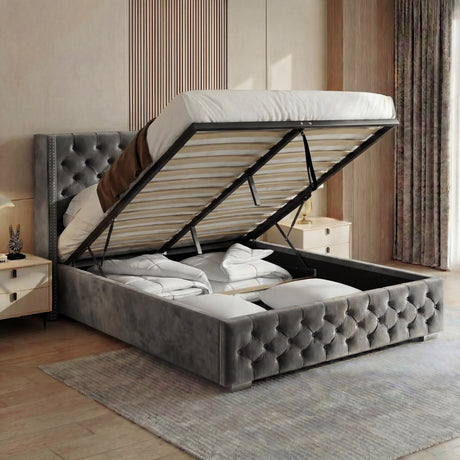 [Double | Grey] Cross ottoman bed open, gas-lift base raised on grey frame exposing slatted platform and storage cavity