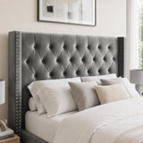 [Double | Grey] Close view of Cross ottoman bed 110cm headboard, criss-cross tufting on grey velvet with studded wings