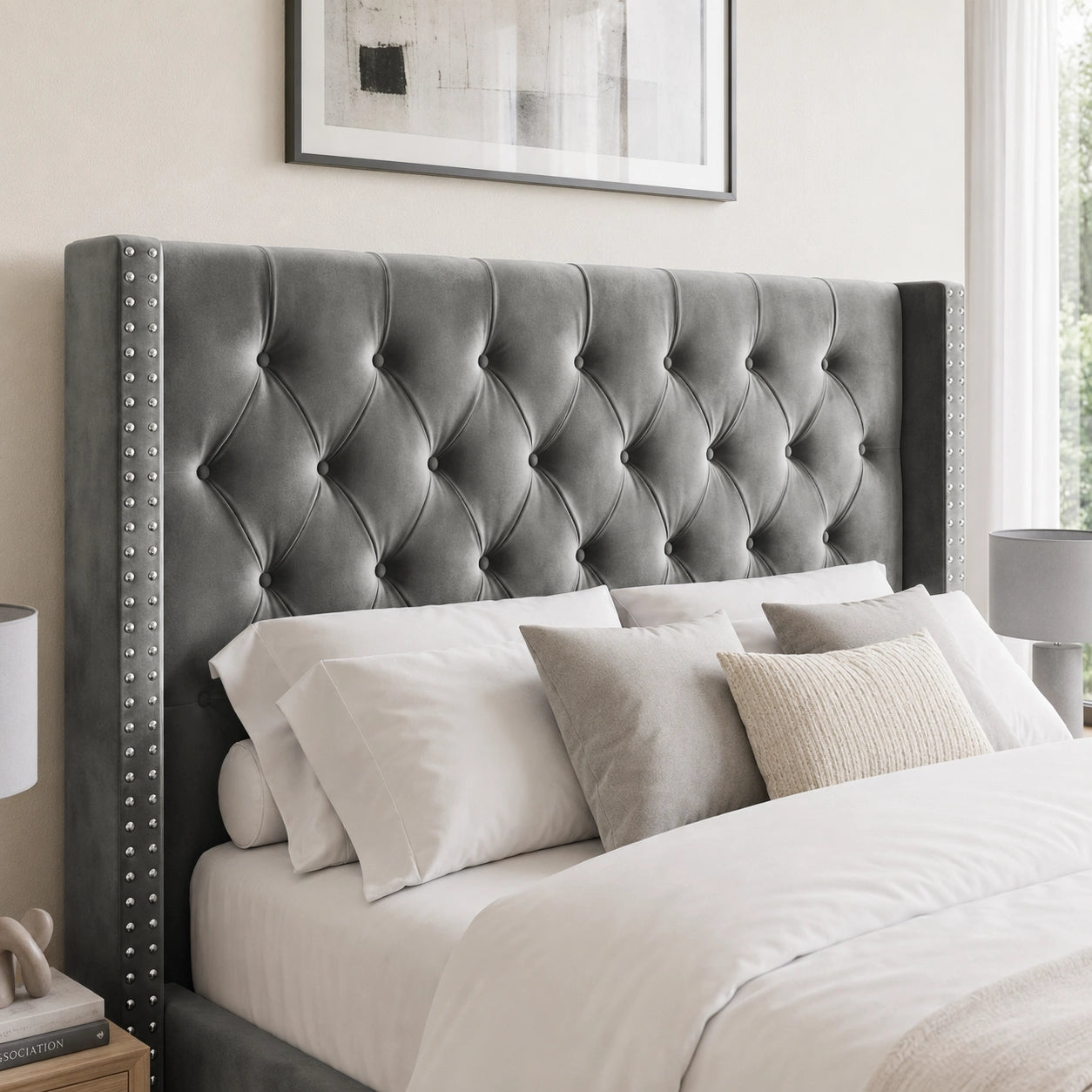 [Double | Grey] Close view of Cross ottoman bed 110cm headboard, criss-cross tufting on grey velvet with studded wings