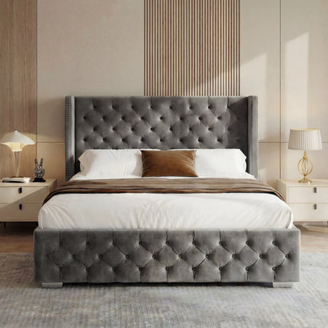 [King | Grey] Cross ottoman bed king front elevation, symmetrical criss-cross buttoned panels