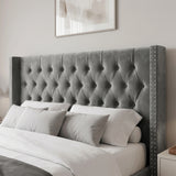 [King | Grey] Close-up of Cross ottoman bed winged headboard with deep diamond buttoned tufting at king width