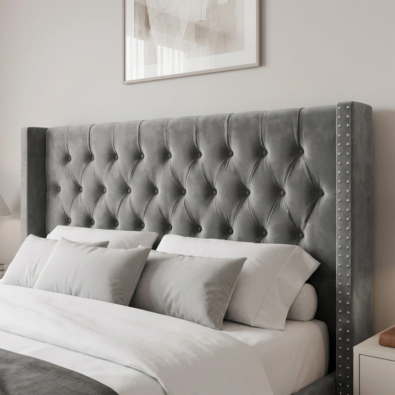[King | Grey] Close-up of Cross ottoman bed winged headboard with deep diamond buttoned tufting at king width