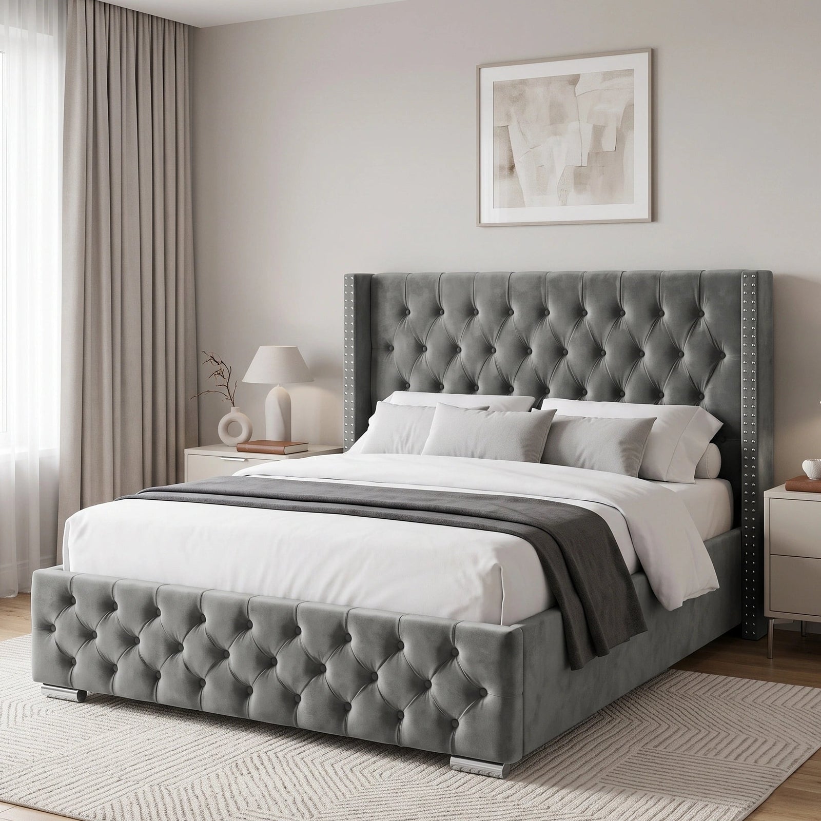 [King | Grey] Cross ottoman bed shown from side with tall buttoned wingback and matching tufted footboard