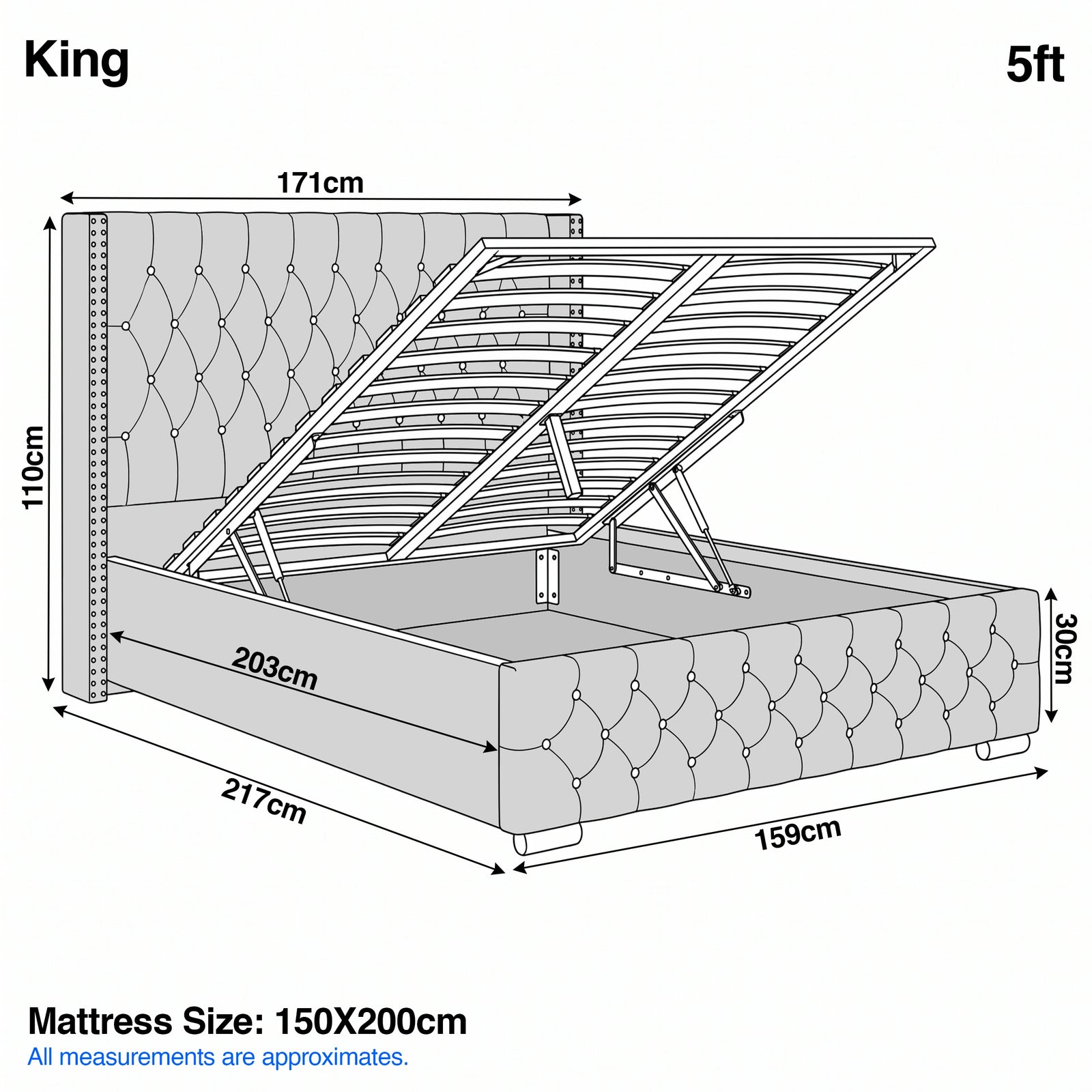 [King | Grey] Cross ottoman bed king diagram: 171cm wide, 217cm long, 110cm headboard, 30cm frame, 5ft