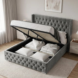 [King | Grey] tufted storage bed with the mattress lifted open to show the spacious under-bed storage compartment, styled with white bedding in a modern bedroom setting.