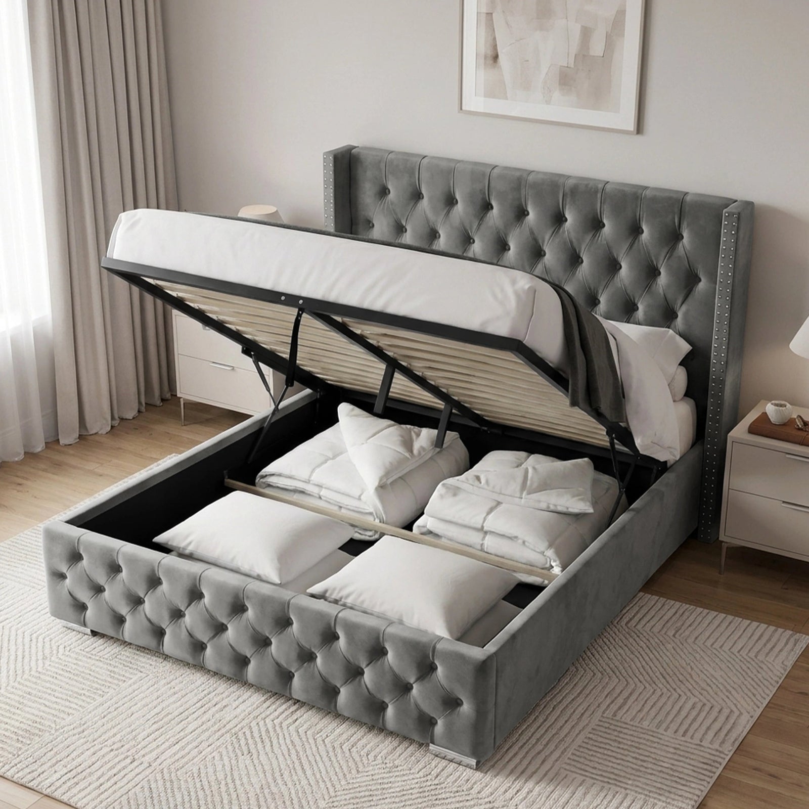 [King | Grey] tufted storage bed with the mattress lifted open to show the spacious under-bed storage compartment, styled with white bedding in a modern bedroom setting.