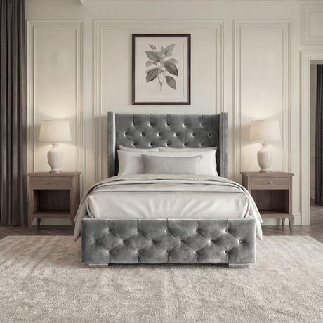 [Single | Grey] Cross ottoman bed single, front-on view with diamond tufted footboard panel