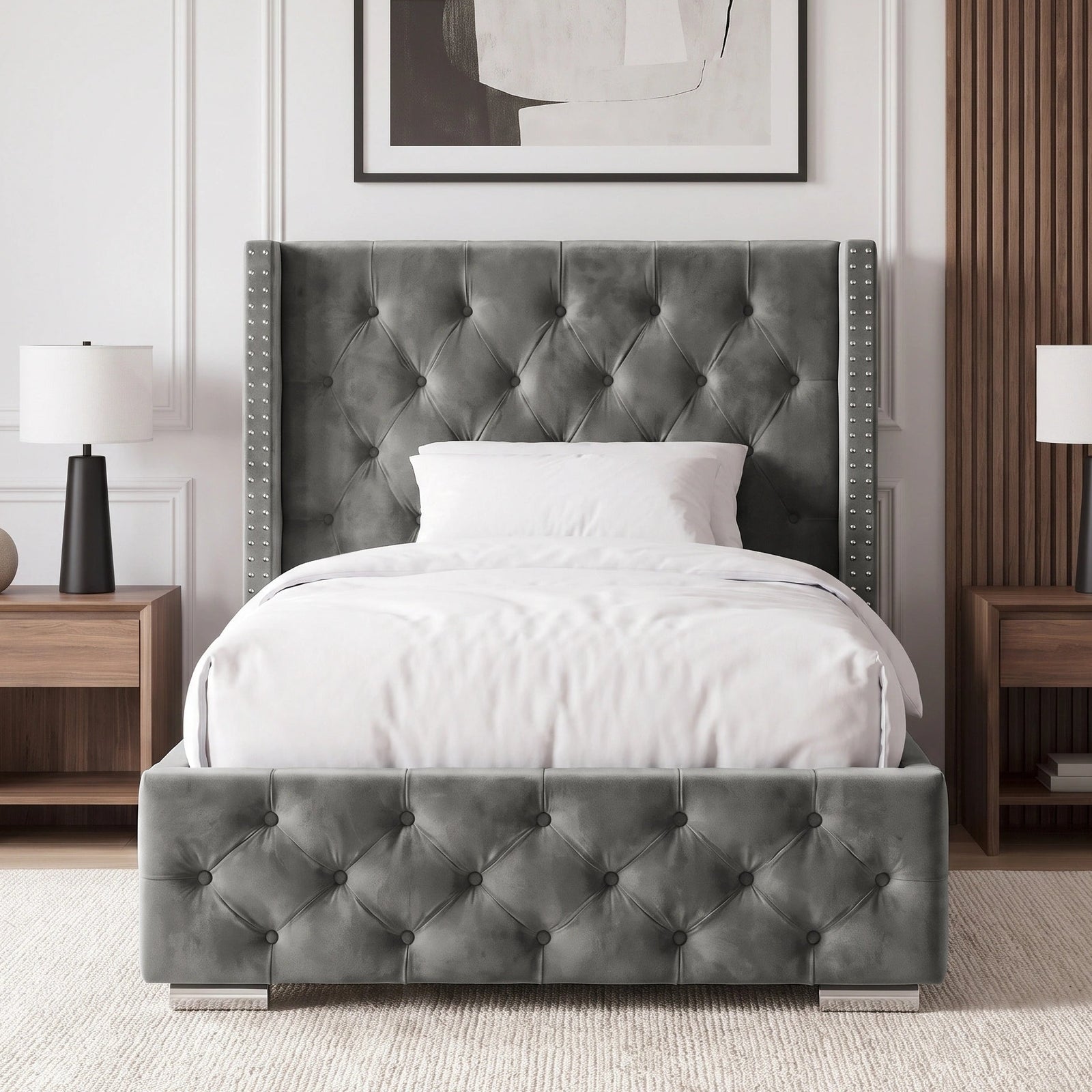 [Single | Grey] Cross ottoman bed single, front-on view with diamond tufted footboard panel