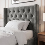 [Single | Grey] Cross ottoman bed single, winged headboard close-up with diamond buttons