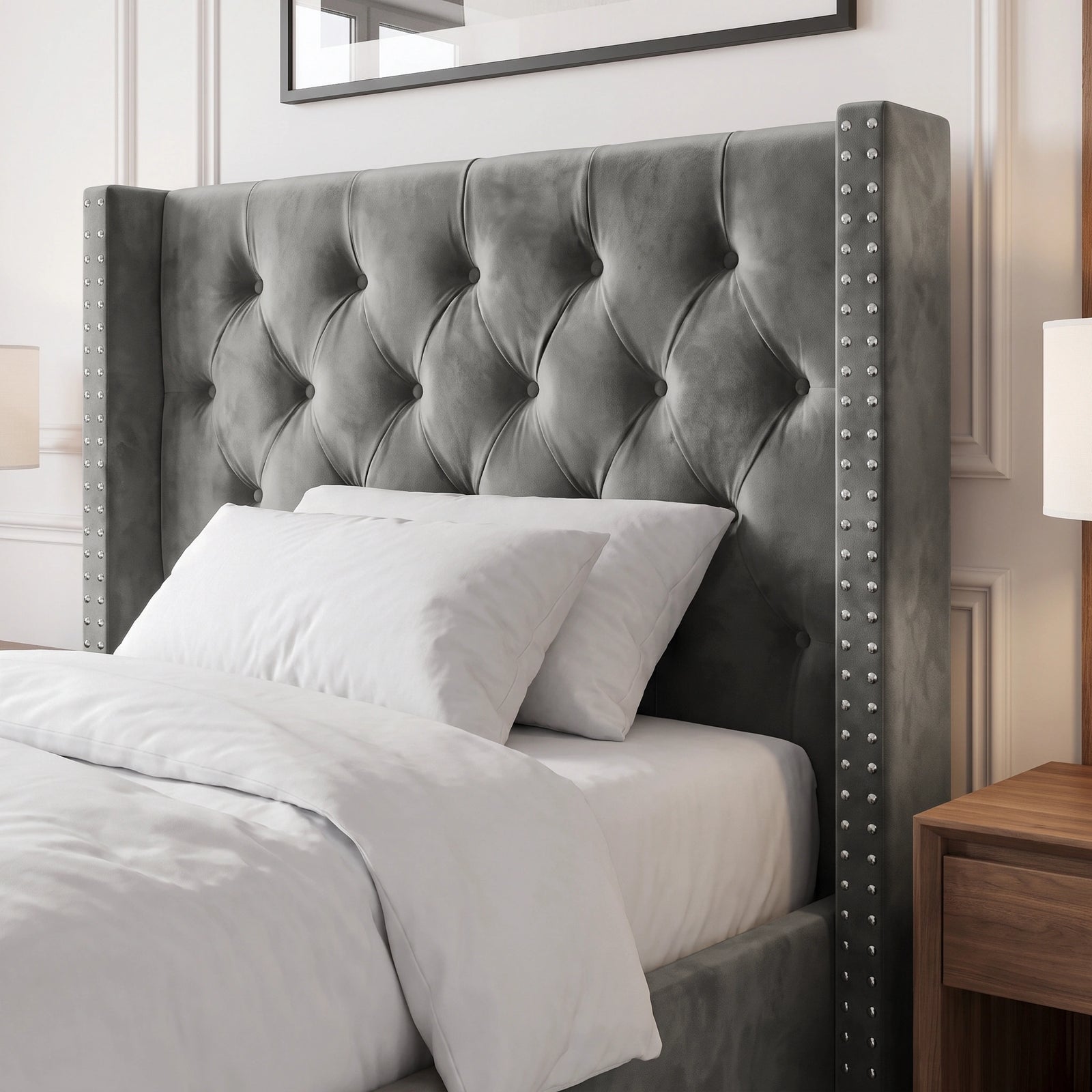 [Single | Grey] Cross ottoman bed single, winged headboard close-up with diamond buttons