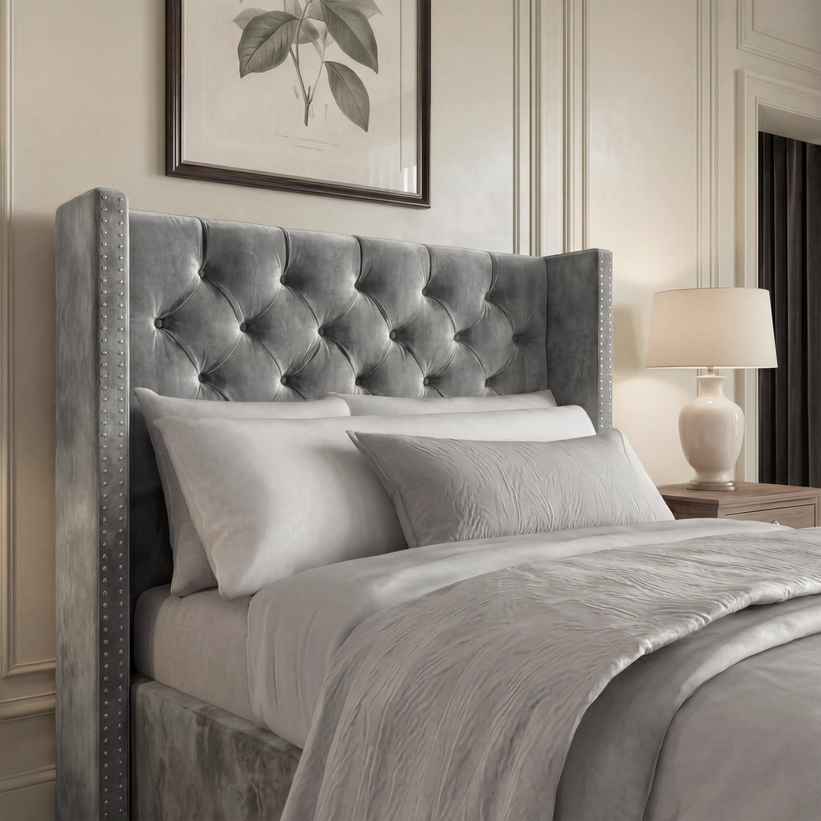 [Single | Grey] Cross ottoman bed single, winged headboard close-up with diamond buttons