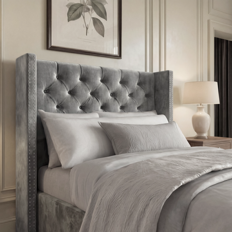 [Single | Grey] Cross ottoman bed single, winged headboard close-up with diamond buttons