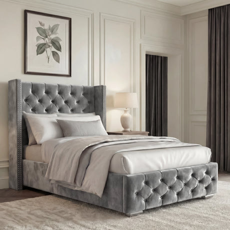 [Single | Grey] Cross ottoman bed single, side angle with cushions and throw on tufted platform