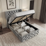 [Single | Grey] Cross ottoman bed single with gas-lift base raised, storage cavity open