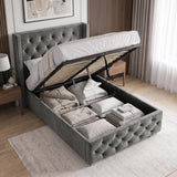 [Single | Grey] Cross ottoman bed single with gas-lift base raised, storage capacity open